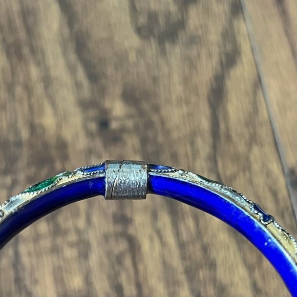 Vintage Cloisonné Blue Gold Floral Motif Enamel Hinged Bangle Bracelet - Picture 12 of 16